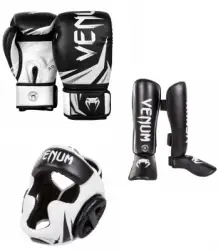 Venum Zestaw Do Mma Challenger Rękawice Bokserskie Kask Ochraniacze Piszczeli Black/White