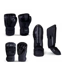 Zestaw Do MMA Ground Game Stripe Black Rękawice Bokserskie Sparingowe Ochraniacze Piszczeli