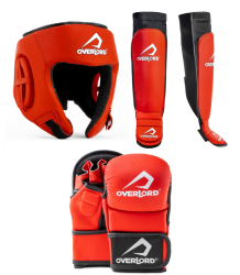 Overlord Zestaw Do MMA Kask Ochraniacze Piszczeli Rękawice MMA Tournament Red