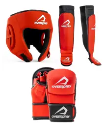 Overlord Zestaw Do MMA Kask Ochraniacze Piszczeli Rękawice MMA Tournament Red