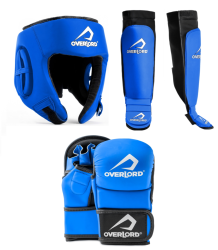 Overlord Zestaw Do MMA Kask Ochraniacze Piszczeli Rękawice MMA Tournament Blue