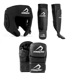 Overlord Zestaw Do MMA Kask Ochraniacze Piszczeli Rękawice MMA Tournament Black