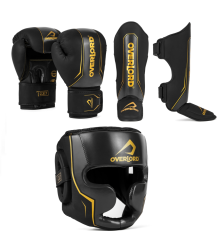 Overlord Zestaw Do K1 Kickboxingu Rękawice Bokserskie Ochraniacze Piszczeli Kask Legacy Black