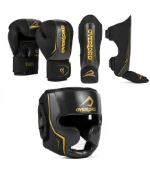 Overlord Zestaw Do K1 Kickboxingu Rękawice Bokserskie Ochraniacze Piszczeli Kask Legacy Black
